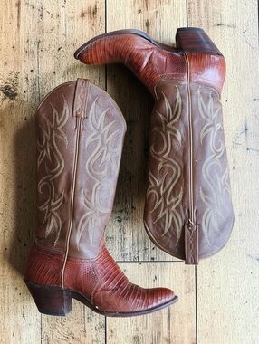 J. Chisholm Two-Tone Brown Embossed Leather & lizard Boots, Women's 6.5